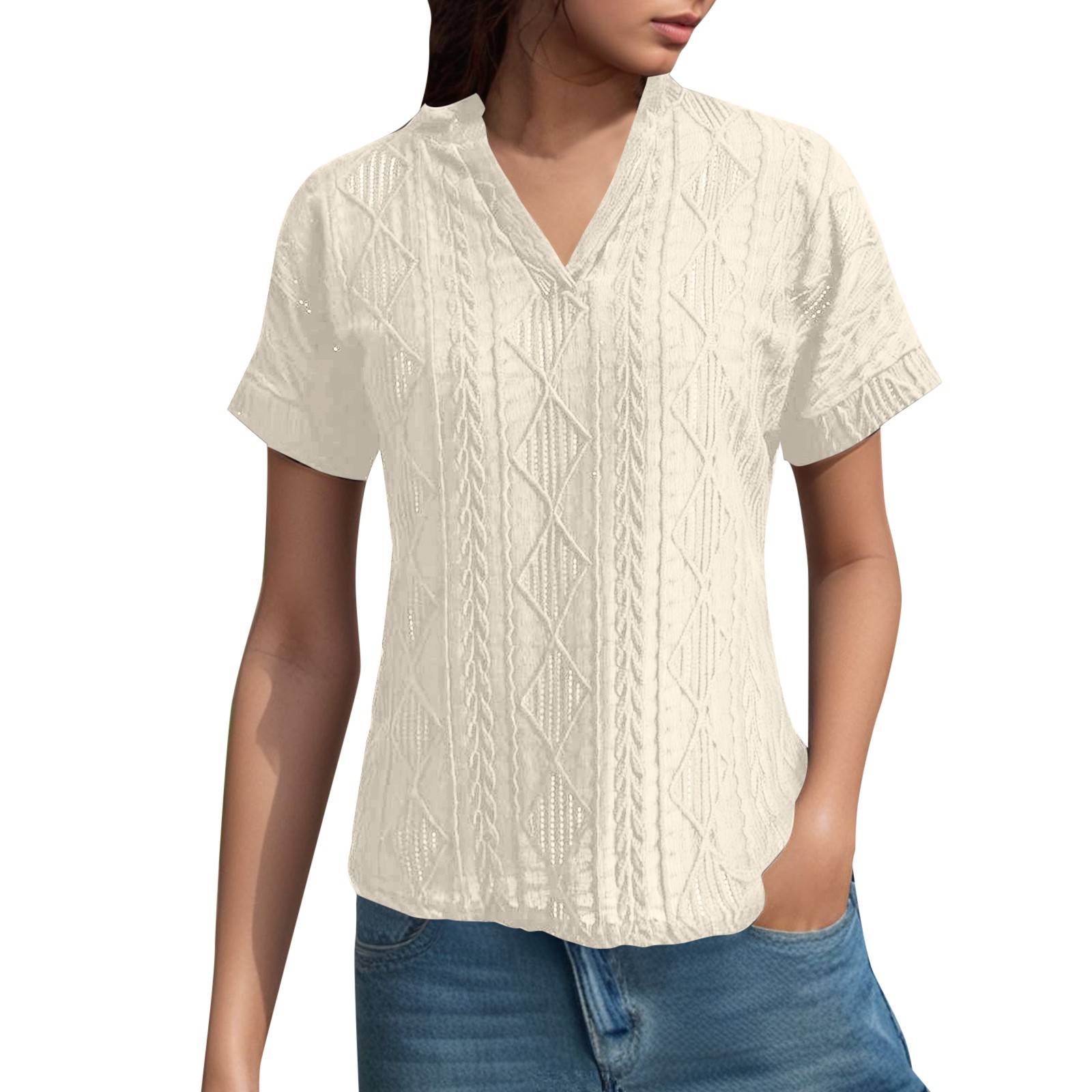 thumbnail image 1 of Camisa de punto jacquard holgada con cuello en V para mujer: manga corta, detalle de cordones, informal de verano, fácil de cuidar, 1 of 2